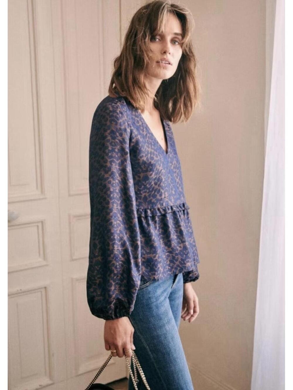 Sezane Bianca Blouse FR 36 US 4 Blue Leopard Print V Neck Peplum Top